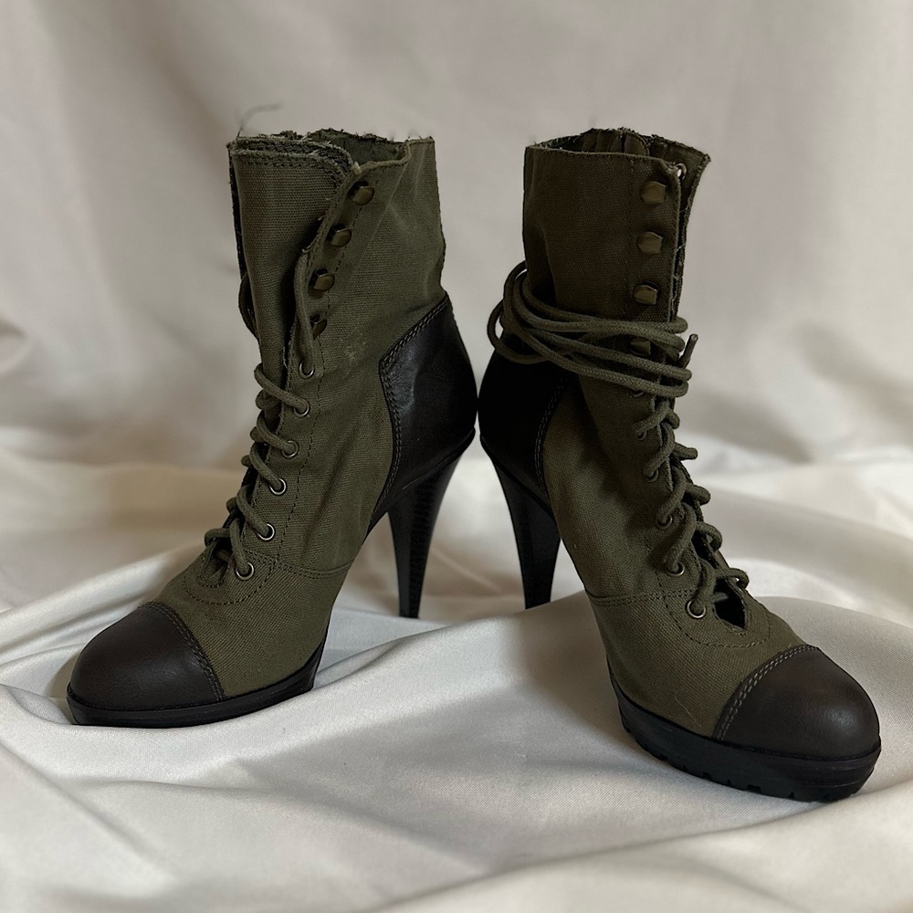 Steve Madden 3.5” high-heeled combat boots. Olive/brown; size 7. Like new!